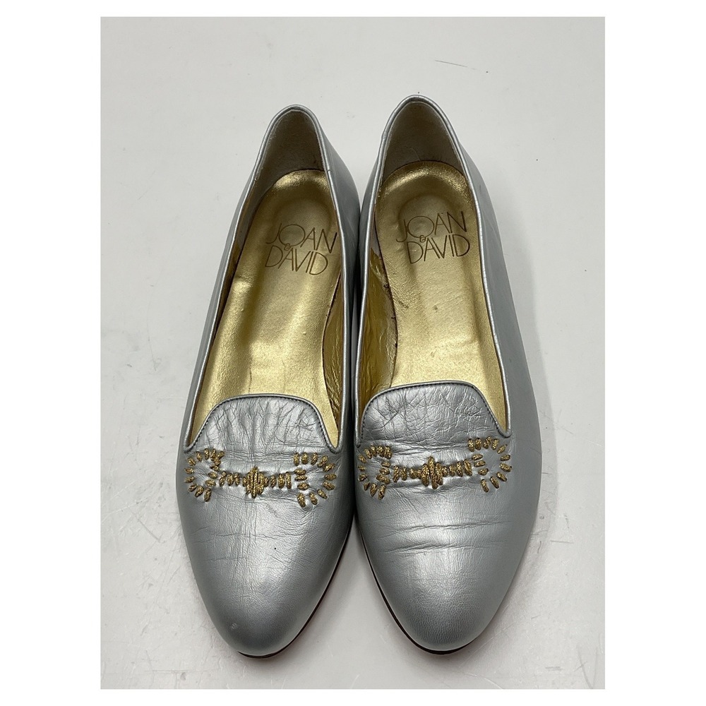 Joan & David Vintage 1980s Silver Leather Loafers Gold Embroidery 8.5